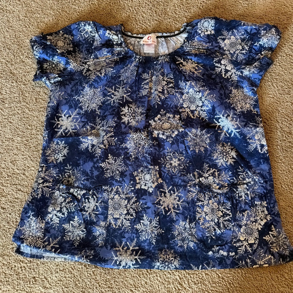 White Cross Women's Navy and Silver Snowflake Scrub Top